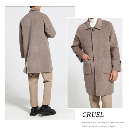 Mid-Length Single-Breasted Polo Collar Men's Overcoat Double-Sided Woolen 100% Pure Wool High-End Coat Fashion Men's Clothing