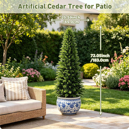 2/3/4/5/6FT Artificial Topiary Cedar Trees UV-Resistant Faux Evergreen Outdoor Indoor Plants Black Pot Faux Cedar Topiary Plants Christmas Trees for Front Porch Entryway & Patio Xmas Decor