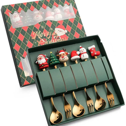 Conjunto de 6 Garfos e Colheres de Natal em Aço Inoxidável, Talheres Criativos para Café, Chá, Sobremesa, Conjunto de Presente