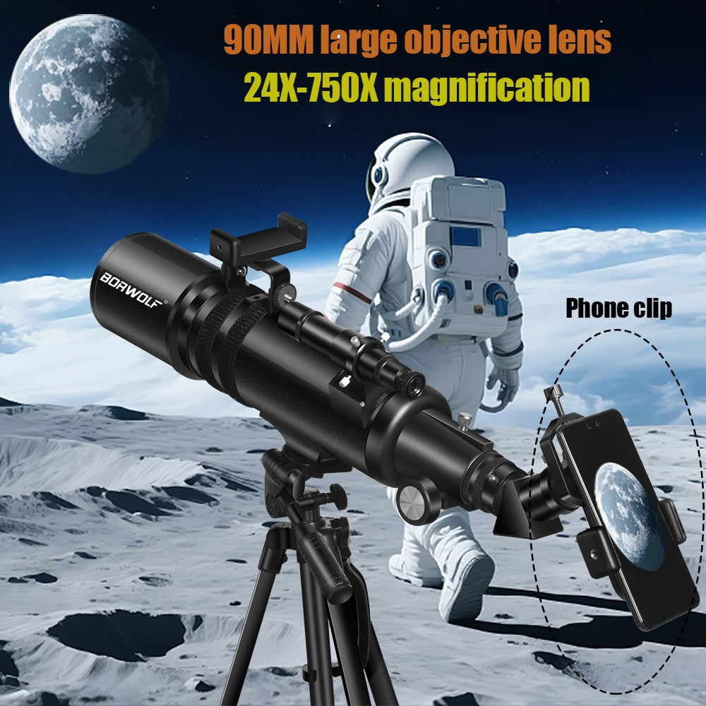 Telescópios Astronômicos BORWOLF 90600 para Adultos, Abertura de 90mm 600mm, HD 24X-250X para Observação da Lua, Estrelas e Pássaros