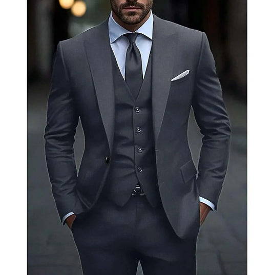 Dark Grey High Quality Men Suits Slim Fit Single Breasted Peak Lapel Elegant Groom 3 Piece Jacket Pants Vest Male Sets