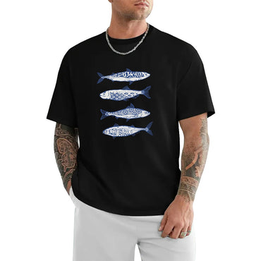 2025 Fish pattern print high quality 100% cotton t-shirt with round neck, summer trend short sleeves, street hip hop top.