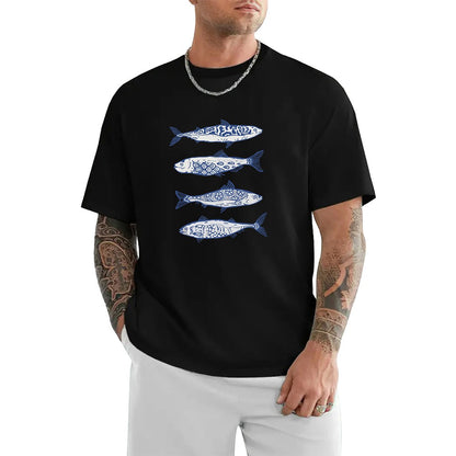 2025 Fish pattern print high quality 100% cotton t-shirt with round neck, summer trend short sleeves, street hip hop top.