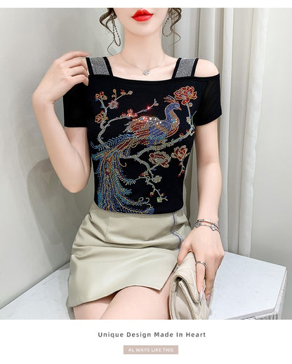 Summer New Fashion Cartoon T-shirt Chic Hollow Out Hot Diamonds Tees Sexy Off Shoulder Short Sleeve Women's Tops Blouse