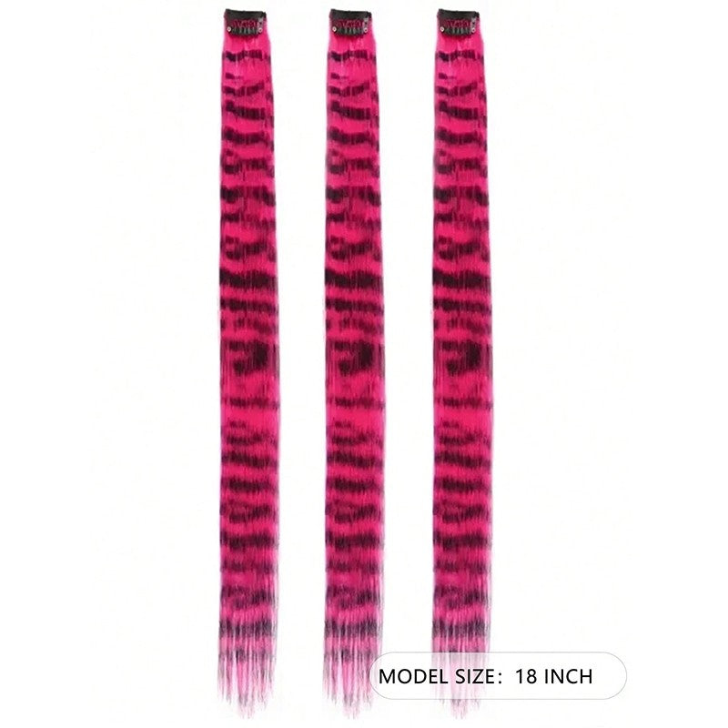 3Pcs Leopard Print Hair Extensions Synthetic Stripe Printed Hair Piece Colorful Long Straight Clip In Hair For Women Girls Party