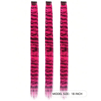 3Pcs Leopard Print Hair Extensions Synthetic Stripe Printed Hair Piece Colorful Long Straight Clip In Hair For Women Girls Party