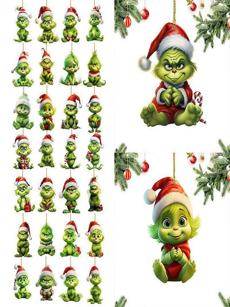 12pcs Whimsical Green Christmas Tree Ornaments - Acrylic Wooden Hanging Decorations For Holiday & Thanksgiving Home Decor