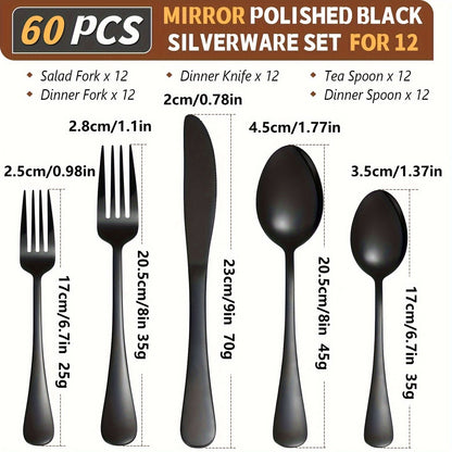 60 peças, conjunto de talheres de aço inoxidável preto, talheres espelhados polidos, conjunto de talheres para aniversários, Dia da Independência, laváveis na lava-louças