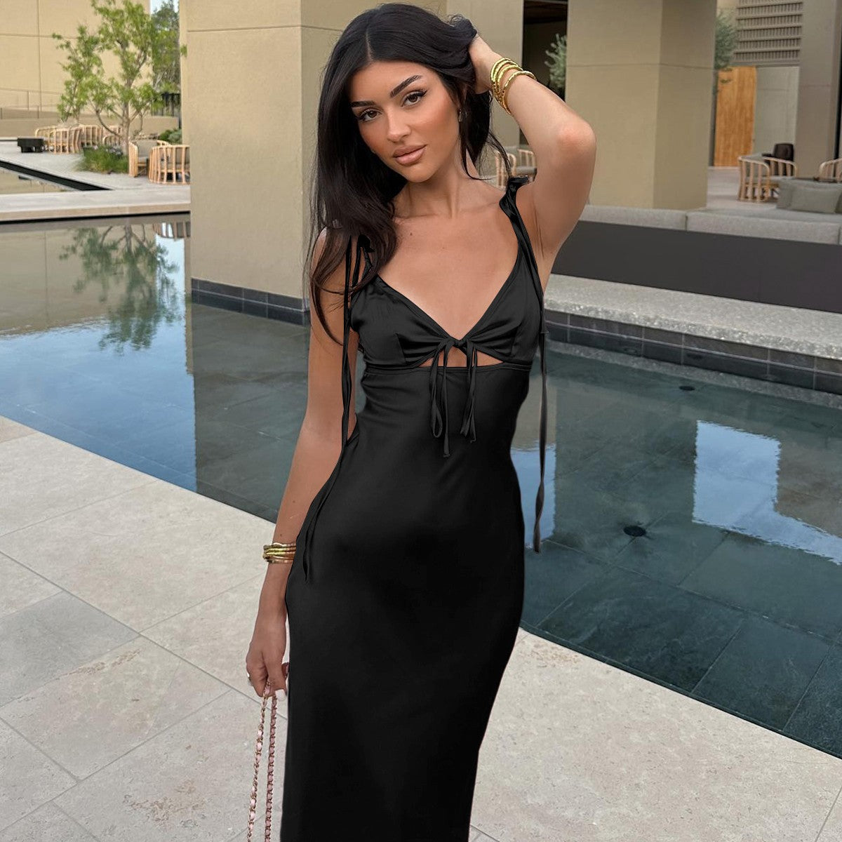 Dulzura Backless Lace Up Spaghetti Straps Cut Out Midi Dress Women Club Holiday