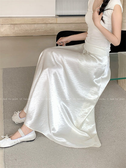 Plus Size Satin Half-Body Skirt Female 2026 Spring New Korean Fashion Temperament Elegant Solid Casual A-line Skirts