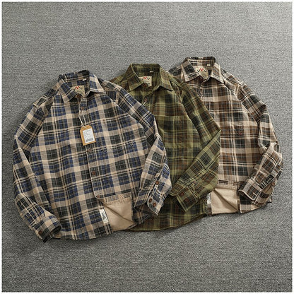2024 Spring and Autumn New American Retro Woven Plaid Cargo Shirt Men's Simple 100% Cotton Washed Single Pocket Thin Jacket