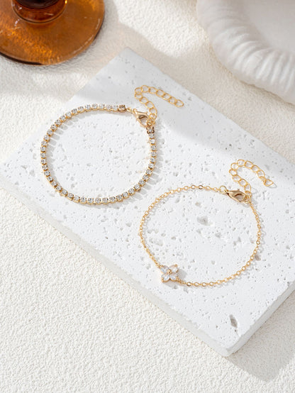 Conjunto de 2 pulseiras femininas de corrente com zircônia cúbica simples em formato de flor, joia para o dia a dia e escritório