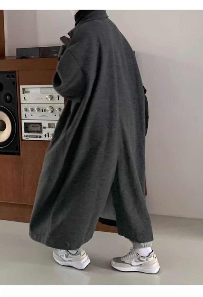 Mauroicardi Autumn Winter Long Warm Grey Black Slouchy Woolen Coat Men Single Breasted Loose Casual Wool Blends Overcoat 2023