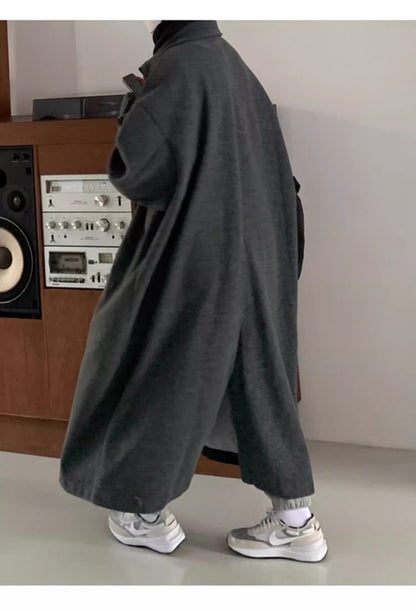 Mauroicardi Autumn Winter Long Warm Grey Black Slouchy Woolen Coat Men Single Breasted Loose Casual Wool Blends Overcoat 2023