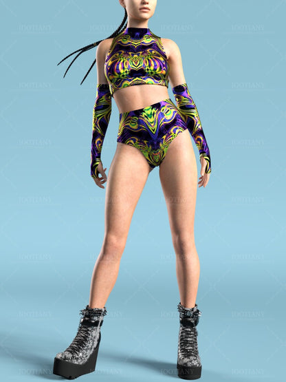 Adult Summer Role Play Bodysuit Women Sexy Hollow Sleeveless Blue Graffiti Art Swimsuit Carnival Party Stage Performance Clothes
