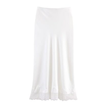 Sexy Satin Half-length Skirt for Women Autumn 2025 Fashionable Trendy Girl Long Skirt A- line Lace Embellished Commute Style