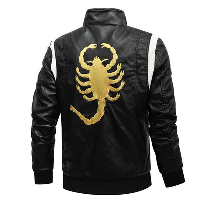 Men's Leather Bomber Jacket Windproof and rainproof Scorpion Embroidery Hooded Jacket PU Leather Winter, Drive