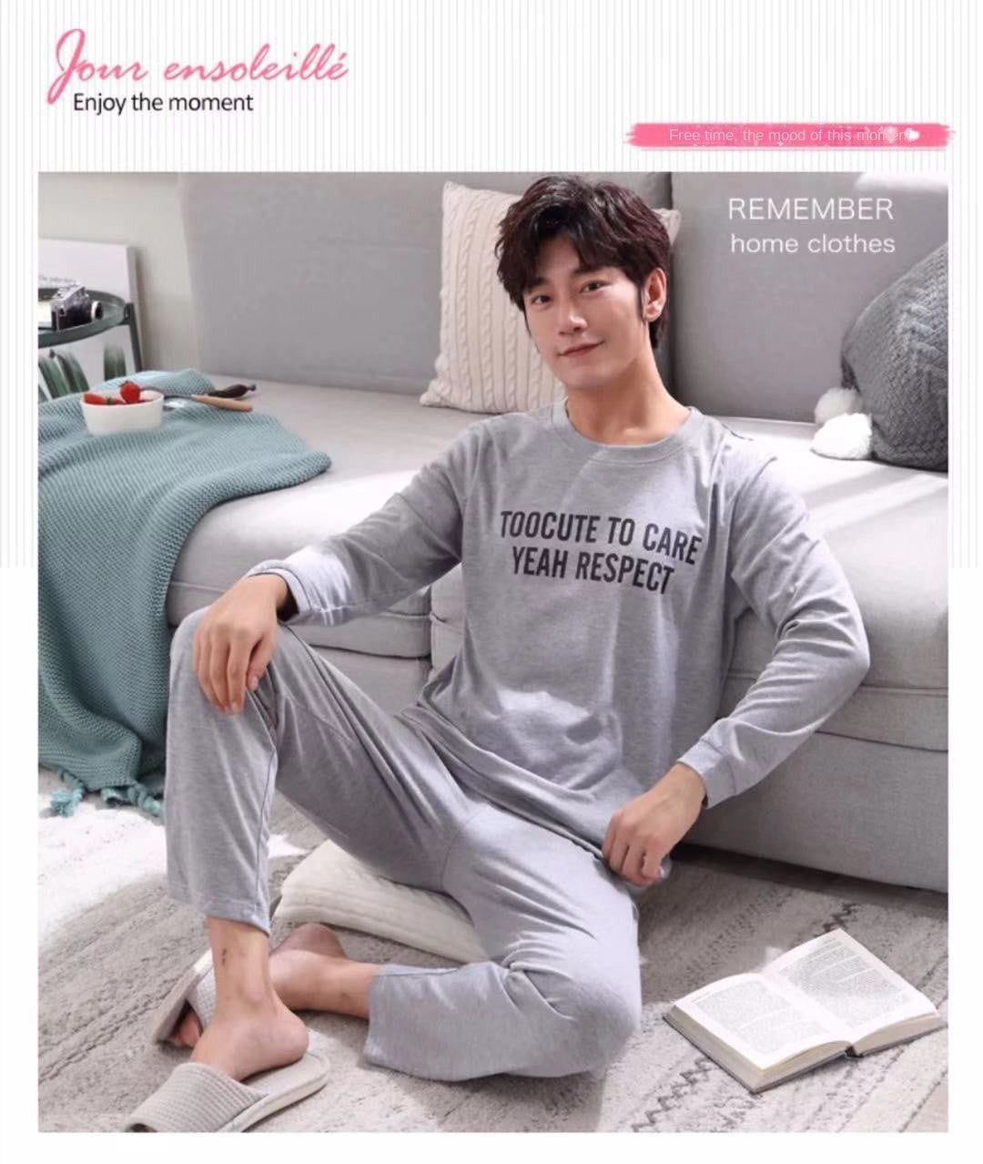 2Pcs/set men's pajamas set of large size long-sleeved long trousers autumn and winter students home clothing round neck autumn m
