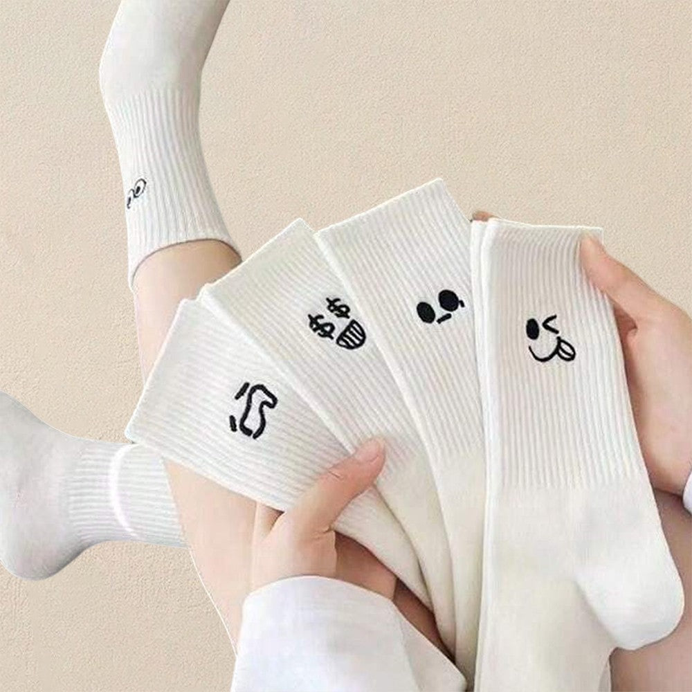 5/10/20 Pairs Men White Cartoon Socks Trendy Versatile Expression Socks With Simple Soft Breathable Comfortable Casual Socks