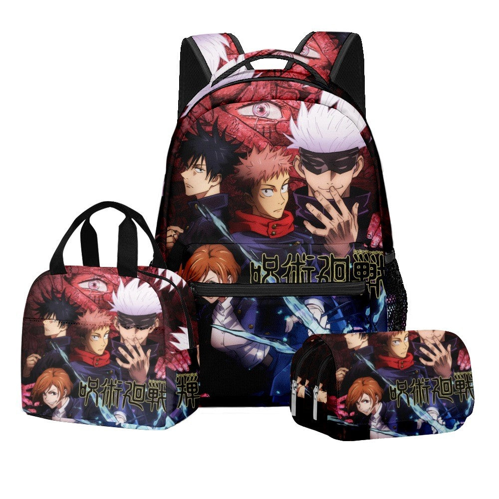 Anime Estampa Digital Jujutsu Kaisen Conjunto Escolar Mochila Grande Capacidade Lancheira Estojo de Lápis 2 Camadas 3 Peças Presente para Menino
