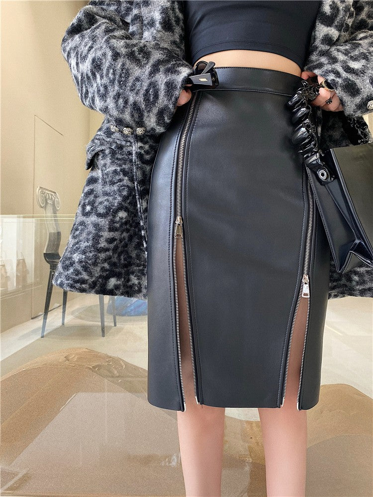 Lautaro Autumn Soft Black Pu Leather Midi Skirt Women with Double Slit Zipper High Waist Korean Style Fashion 2021 Streetwear