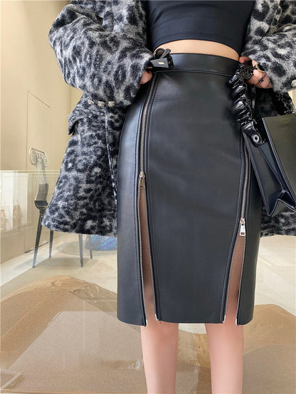 Lautaro Autumn Soft Black Pu Leather Midi Skirt Women with Double Slit Zipper High Waist Korean Style Fashion 2021 Streetwear