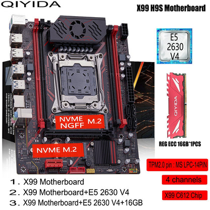 Kit Placa Mãe QIYIDA X99 H9S Com Processador Xeon E5 2630 V4 LGA2011-3 Memória RAM DDR4 16GB ECC REG NVME M.2 Interface TPM 2.0 SATA3