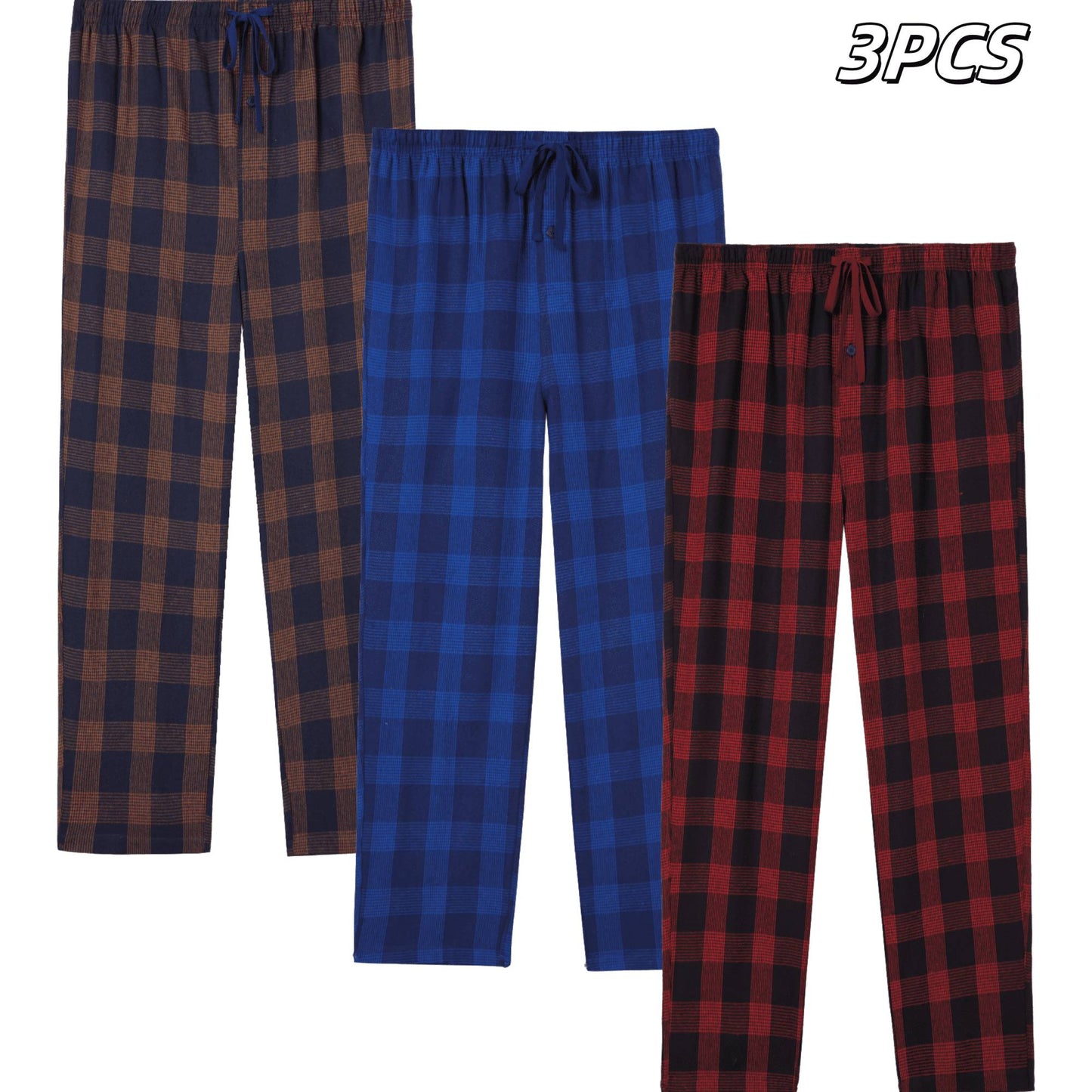 3pcs Mens Pajamas Pants with Pockets Flannel Soft Warm Plaid Pajamas Bottoms Autumn and Winter Daily Loungewear Sleepwear