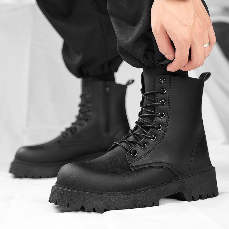 Botas casuais de casal, para quatro estações, masculinas e femininas, de cano alto, em couro, fashion, com sola grossa, antiderrapantes, plus size, para uso ao ar livre