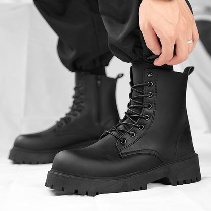 Botas casuais de casal, para quatro estações, masculinas e femininas, de cano alto, em couro, fashion, com sola grossa, antiderrapantes, plus size, para uso ao ar livre