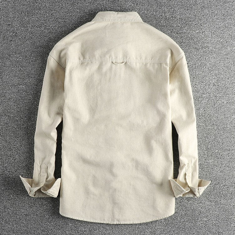 2025 Spring New Japanese Retro Long Sleeve Lapel Cotton and Linen Cargo Shirt Men's Simple Single Pocket Casual Loose Blouses
