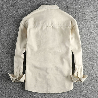 2025 Spring New Japanese Retro Long Sleeve Lapel Cotton and Linen Cargo Shirt Men's Simple Single Pocket Casual Loose Blouses