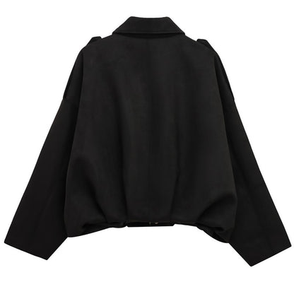 HXAO Women's Bomber Jacket Lapel Long Sleeve Zipper Suede Jacket Women 2025 High Street Cropped Racing Jackets Coats Outerwears