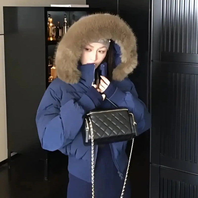 Fashion Street Simple Fur Collar White Zipper Hooded Short Jacket Women 2025 Winter Plus Velvet Thickened Warm Casual Jacket