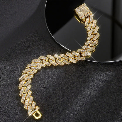 Moda Hip Hop Quadrado 14MM Corrente Cubana Colar Masculino Cor Dourada Feminino Strass Cravejado Corrente Cubana Joias Punk Presente