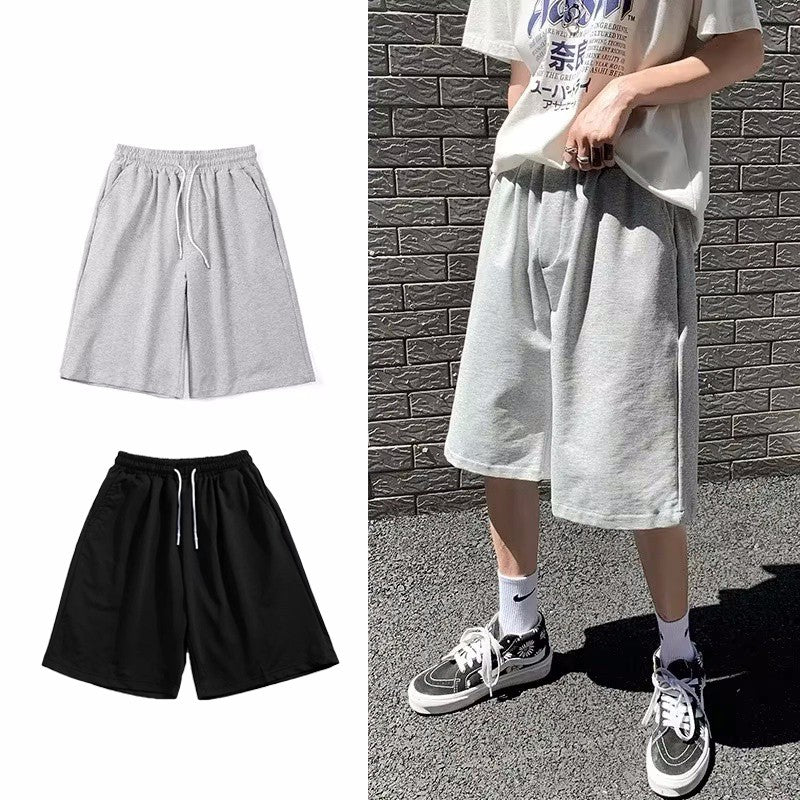 Summer New Y2K Solid Color Cotton Loose Men's Sports Pants Shorts Street Wear Simple Drawstring Straight Casual Shorts Male
