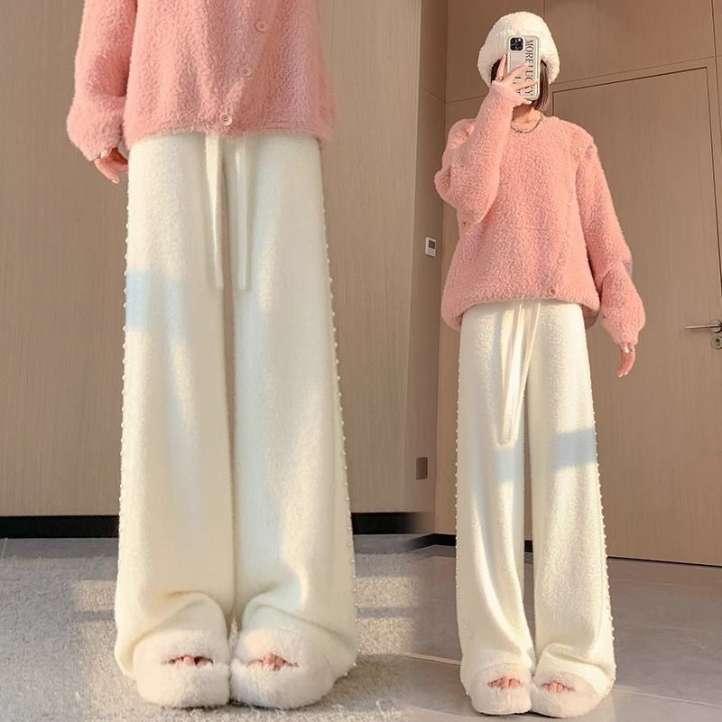 Pink Mink Fur Nail Bead Knitted Wide Leg Pants for Women in Autumn and Winter Lazy and Relaxed Casual Straight Leg Long Pants