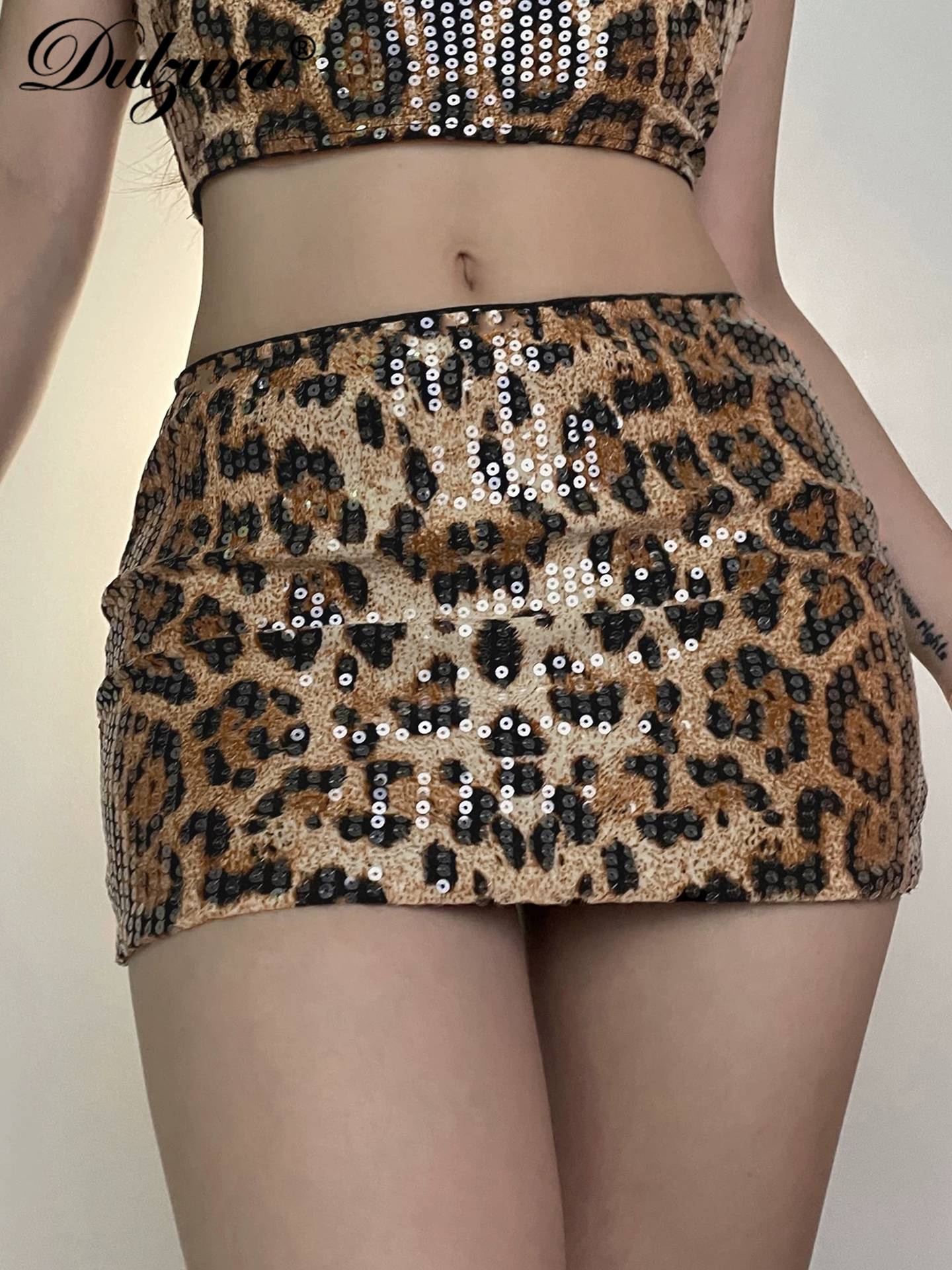 Dulzura Summer Latest Fashion Elegant High Waist Sequins Sexy Slim Leopard Print Short Skirt Party Club Street Clothes Wholesale