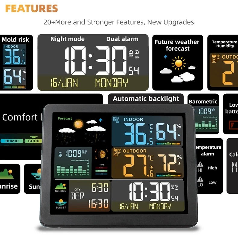Wireless Weather Station with Colorful Display, Wall Digital Clock, Dual Alarm Clock, Barometer, Thermometer, Hygrometer