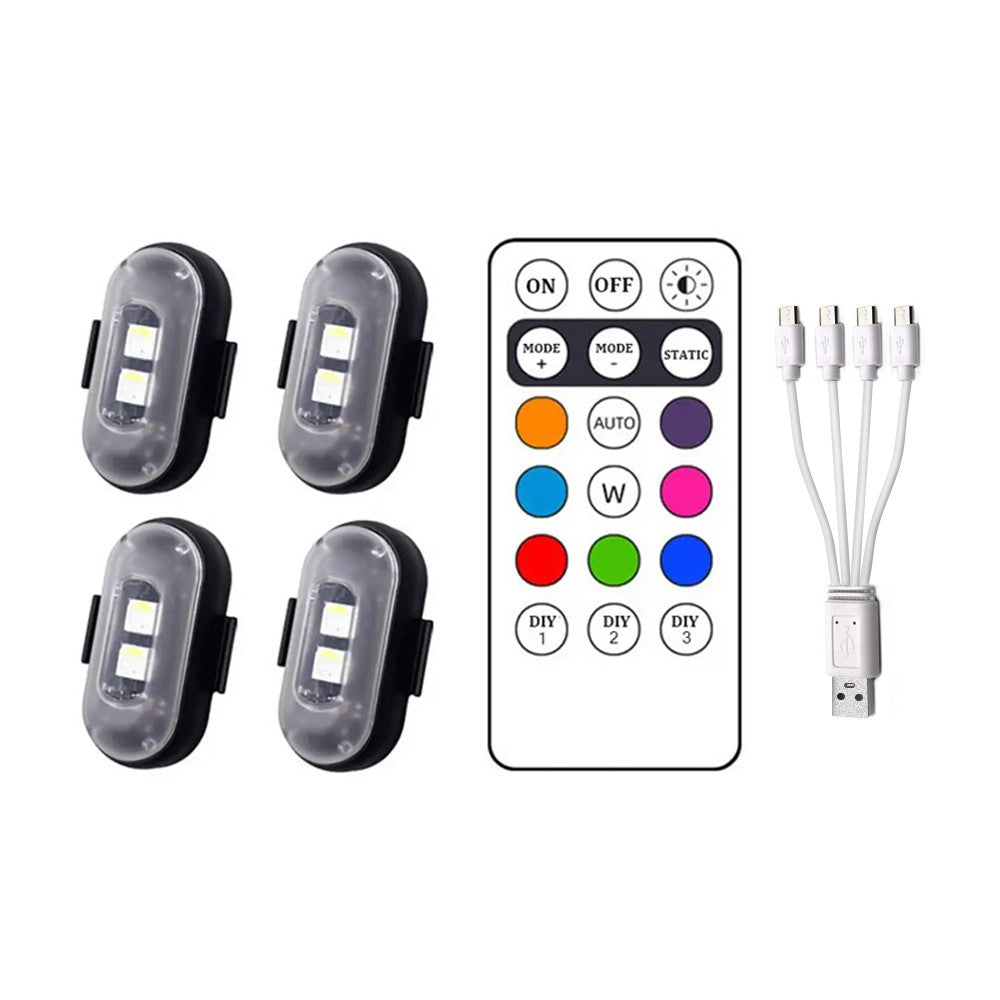 4 luzes estroboscópicas de LED coloridas sem fio com controle remoto, luzes de LED com carregamento USB, 8 cores, luzes de advertência anticolisão