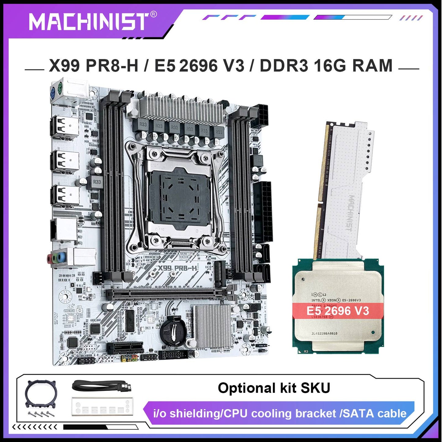 MACHINIST X99 Motherboard Kit Set With Intel LGA2011-3 Xeon E5 2696 V3 CPU DDR3 16GB 2400MHz ECC RAM NVME M.2 SATA White PR8-H