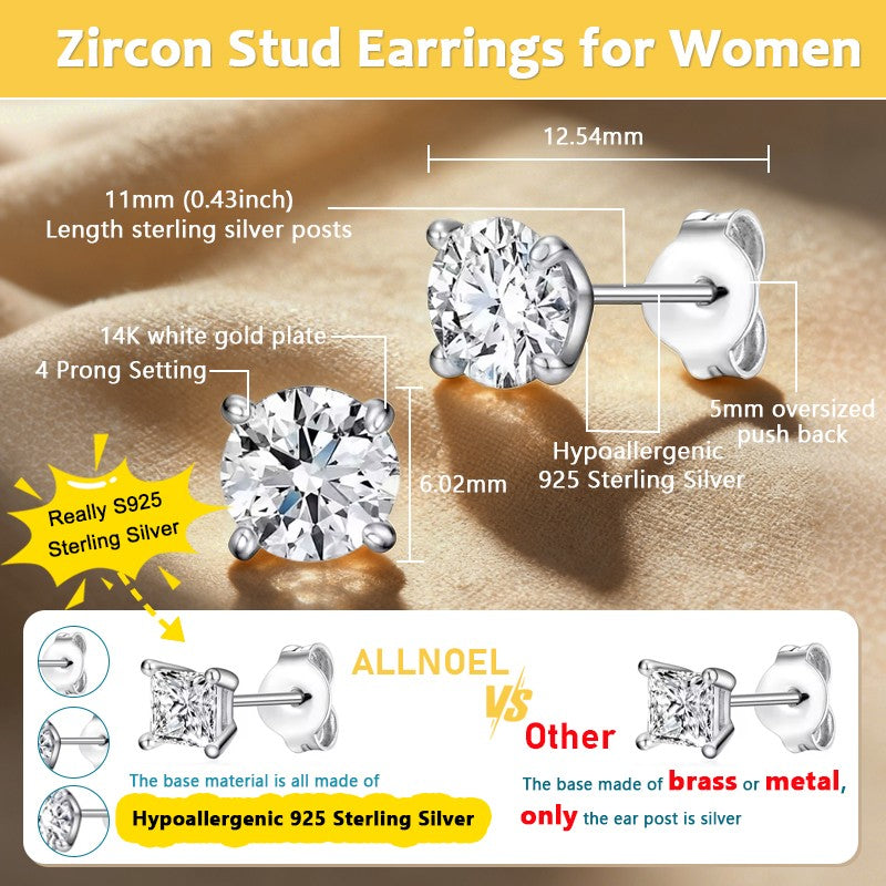 ALLNOEL Crystal 5A Zircon 925 Sterling Silver Square Round Stud Earrings for Women Men Piercing Ear Stud Hypoallergenic 5mm 6mm