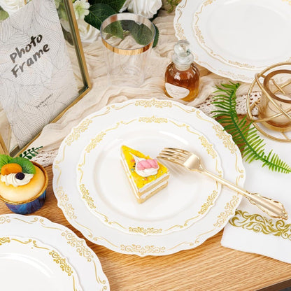 210Pcs Ivory Plastic Plates Disposable Plates Heavy Duty Gold Plastic Dinnerware Set for Party Wedding Event Includes 30 Dinner