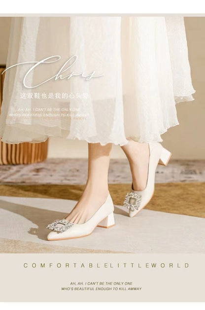 Women's Elegant Black Mid Block Heels Pumps with Crystal Rhinestone Pointed Toe Dress Shoes