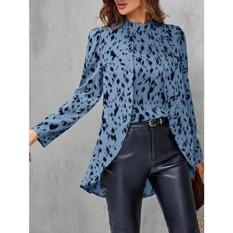 Plus Size New Elegant Women's Loose Long Sleeve Shirt Half High Collar Leopard Print Versatile Shirt Commute Style