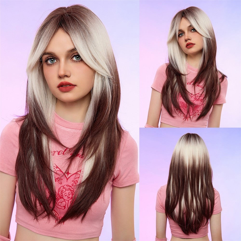 Peruca de cobertura total, peruca rosa gradiente marrom escuro, peruca de cabelo liso com franja, adequada para o role-playing diário feminino,