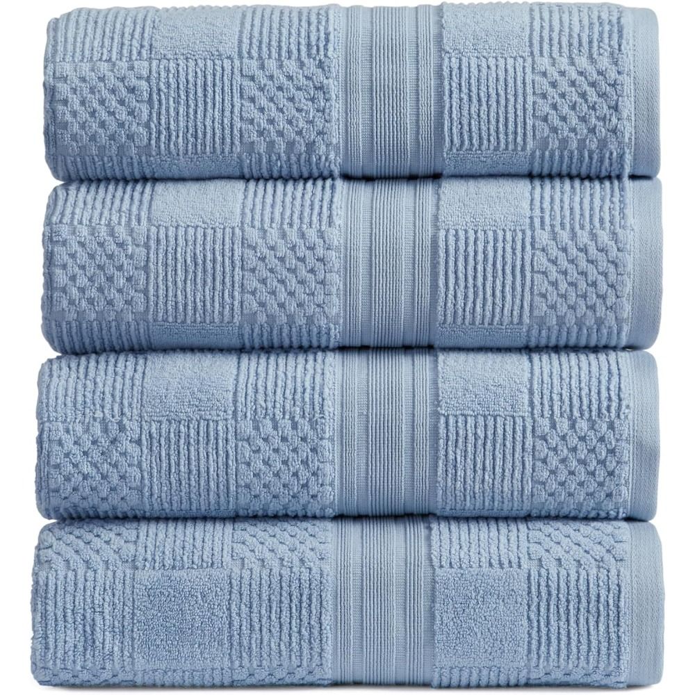100% Cotton Bath Towel Set of 4 Blue Towels Geometric Textured Design Absorbent & Quick-Dry 4 Bath Towel