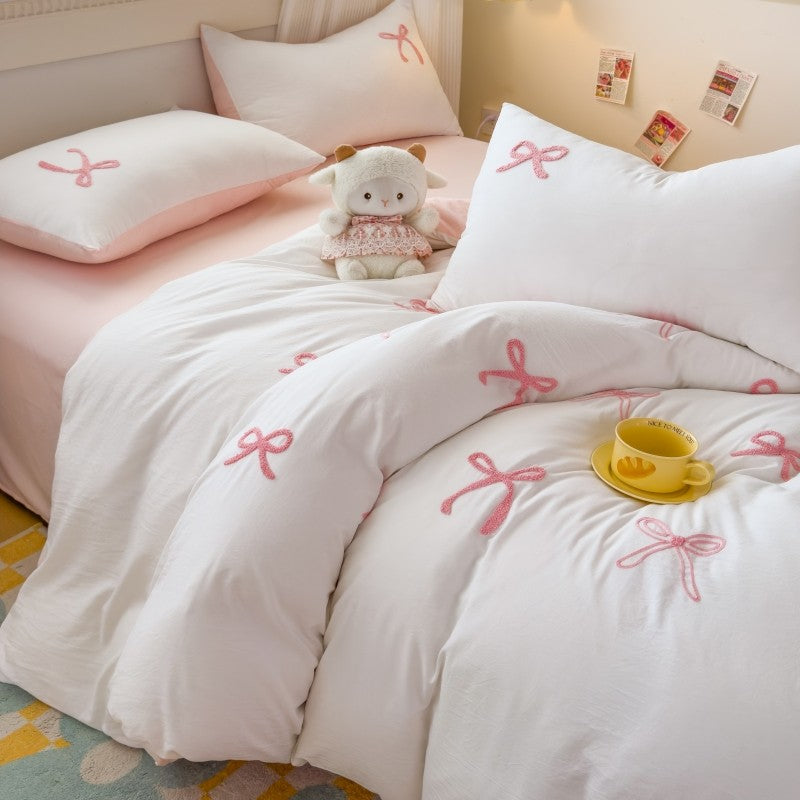 3 Piece Sheet Set  pink bowknot embroidery duvet cover Set ? comfortable Bedding Set Bedspread for All Season