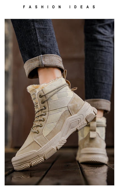 Winter Fleece Warm High-top Men's Shoes Trendy Casual Outdoor Solid Color Mid-top Fashionable Round Toe Plus-size Snow Boots