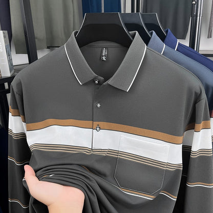 High quality stripe men's long sleeve polo shirt fashion luxury pocket middle-aged business casual color blocked comfort T-shirt